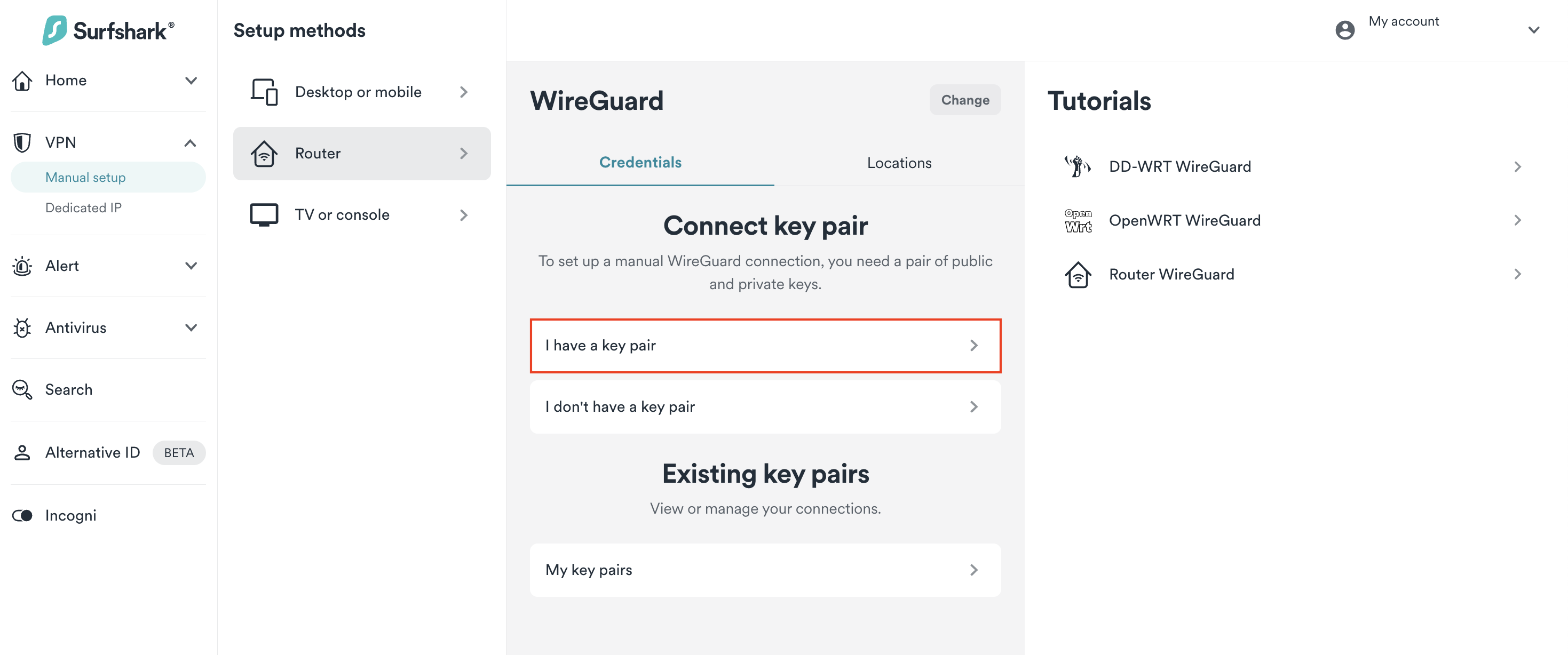 WireGuard manual configuration in Surfshark app, with option to connect using an existing key pair highlighted.