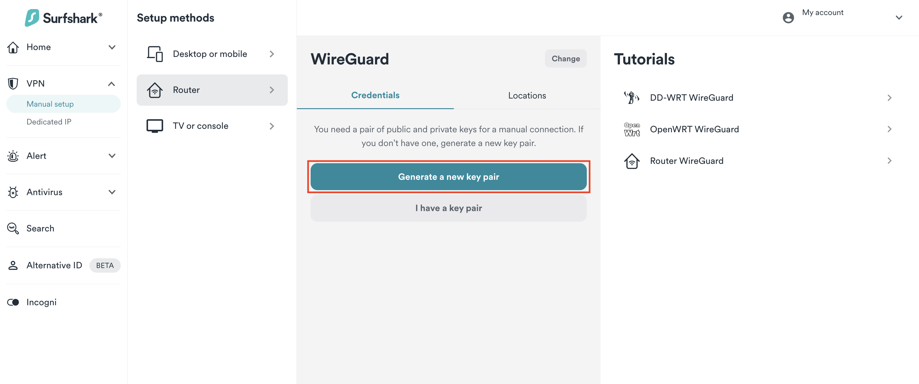 Surfshark manual setup prompting to generate a new WireGuard key pair for router configuration.