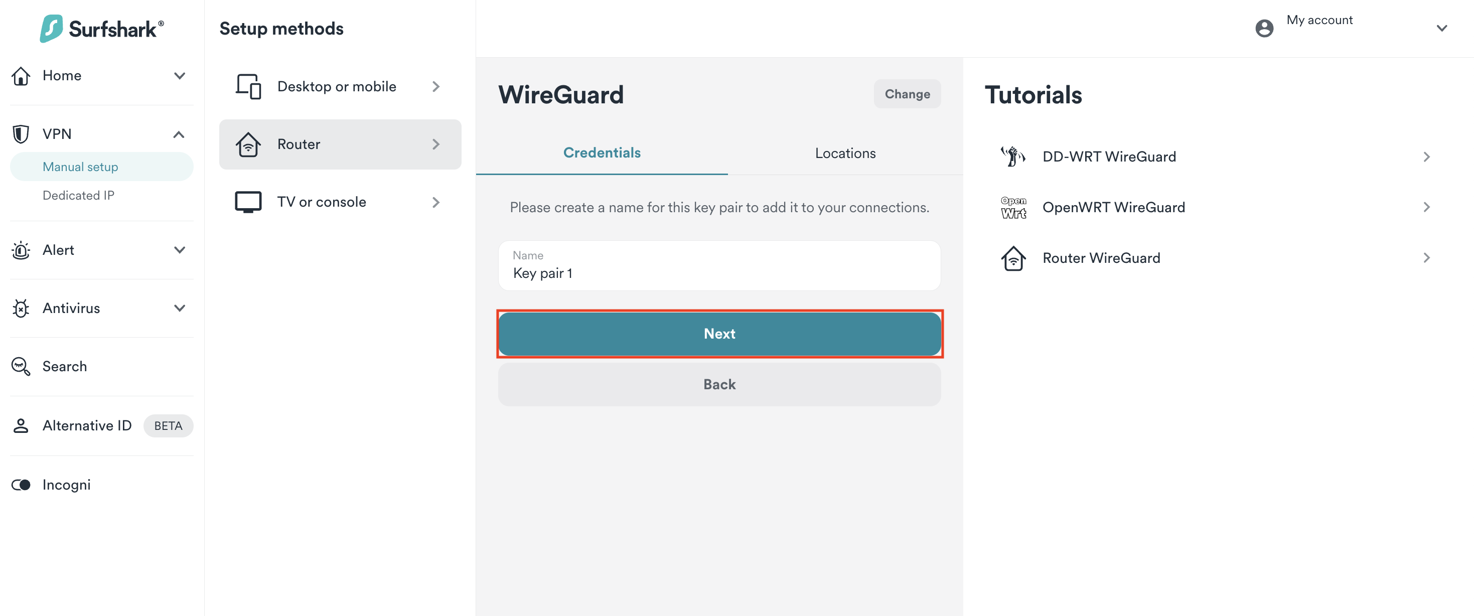 Naming a WireGuard key pair during manual setup for Surfshark VPN on a router.