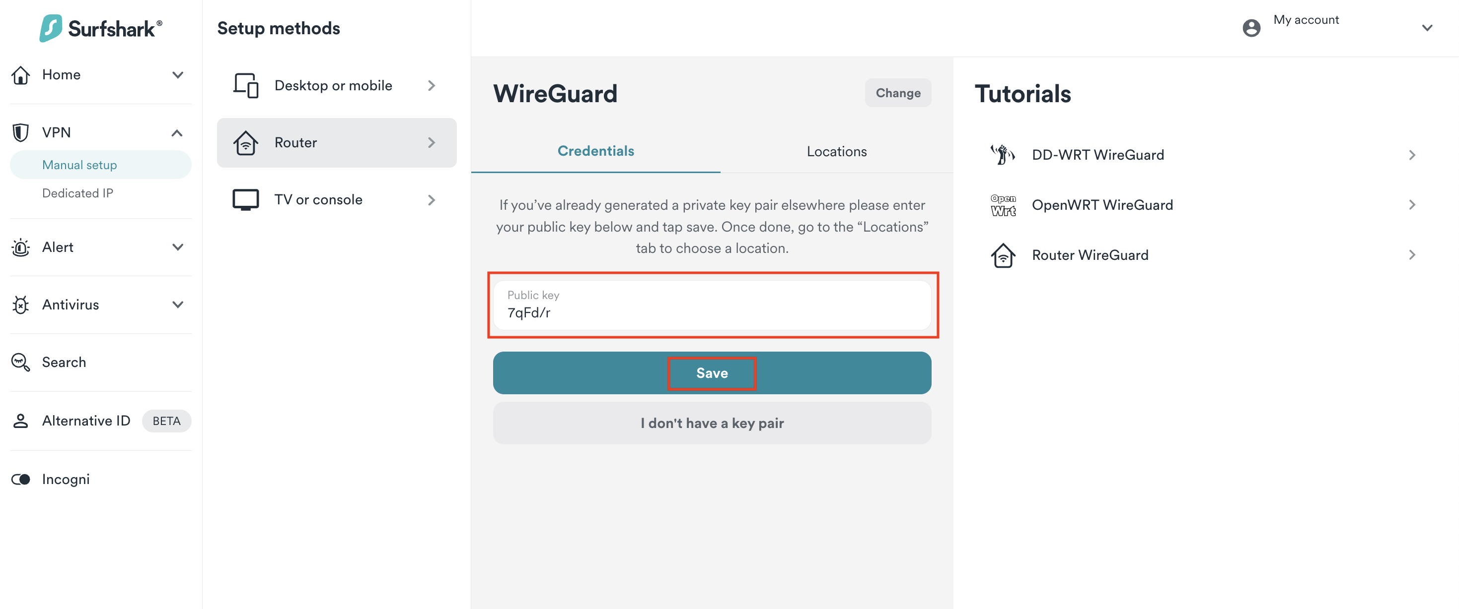 Entering and saving the public key for a WireGuard connection in the Surfshark manual setup interface.