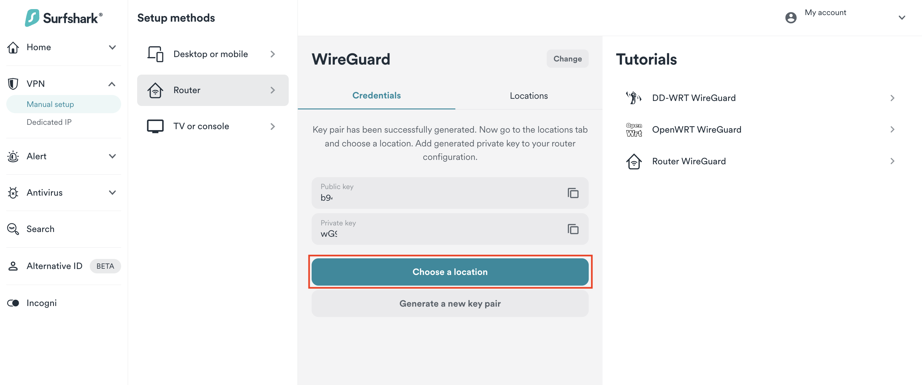 Surfshark WireGuard setup showing generated public and private keys with the option to choose a server location.