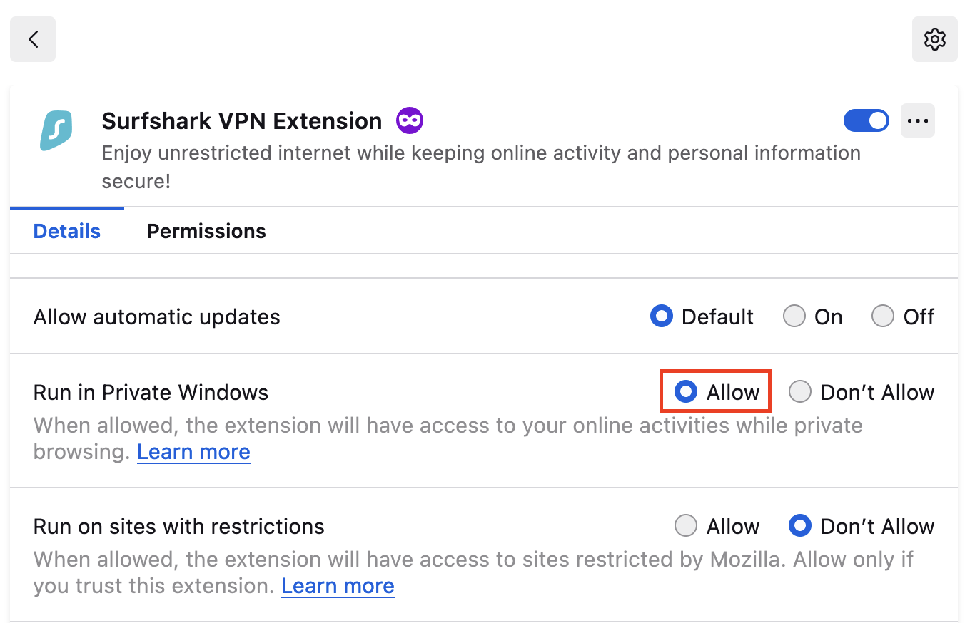 Allow the Surfshark browser extension in the Incognito mode Surfshark