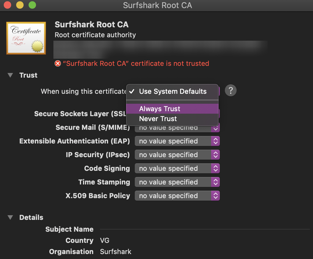 adding a certificate for a vpn mac