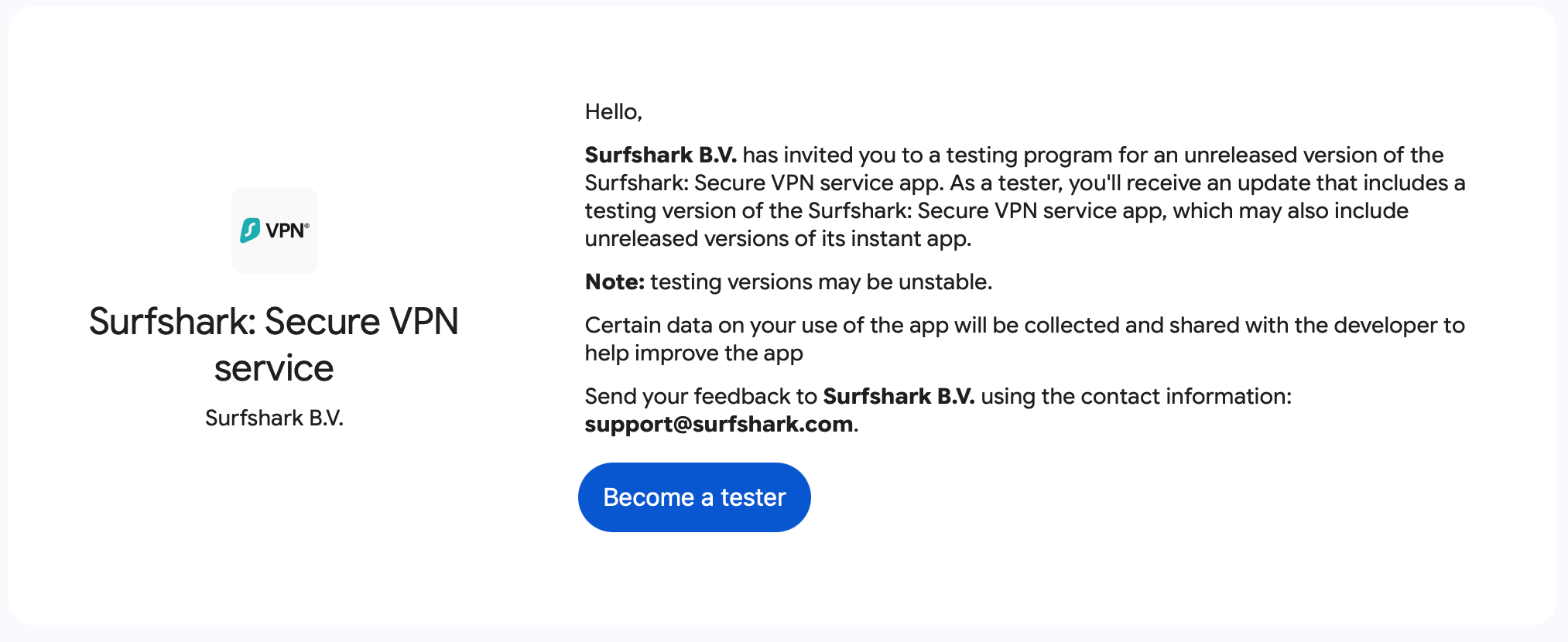 Google Play testers page with Become a tester button