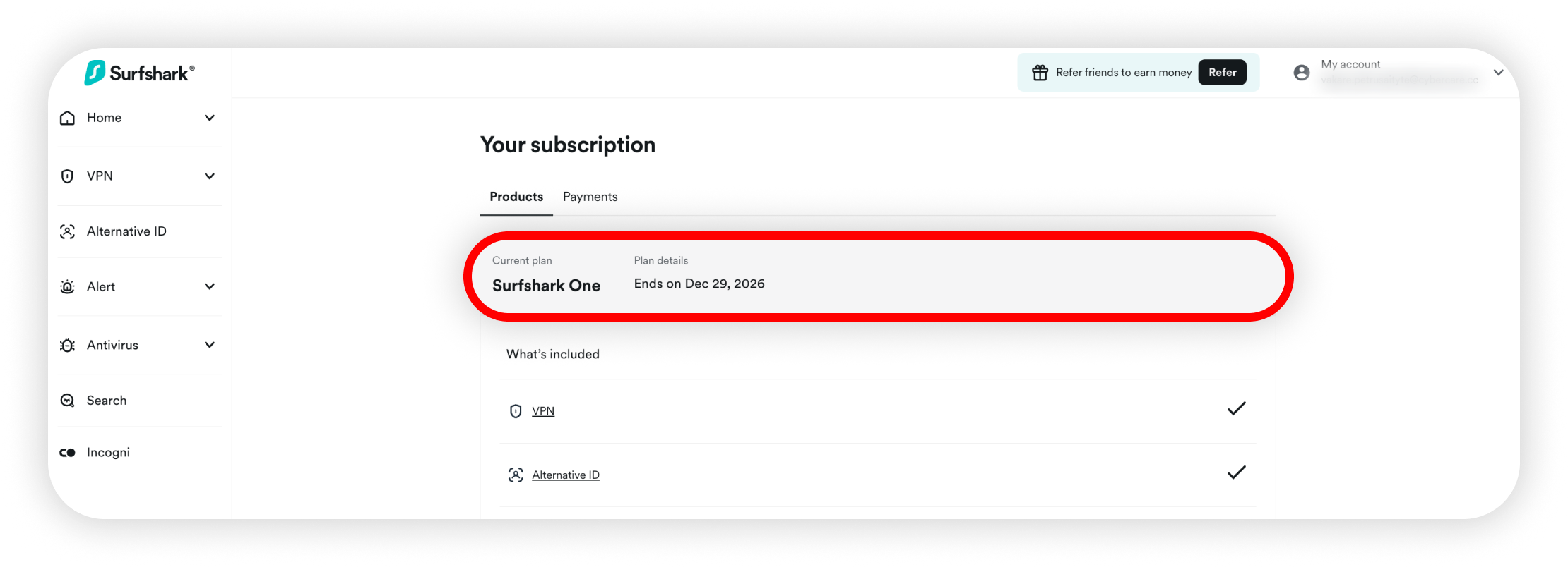 Dein Abonnement mit dem Enddatum für Surfshark One