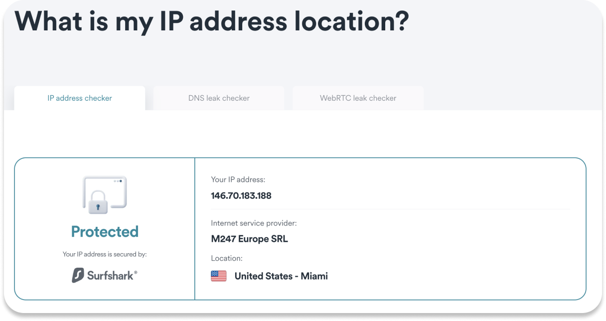 IP-Adressen-Checker zeigt „Geschützt“ und eine Surfshark-IP in den USA – Miami