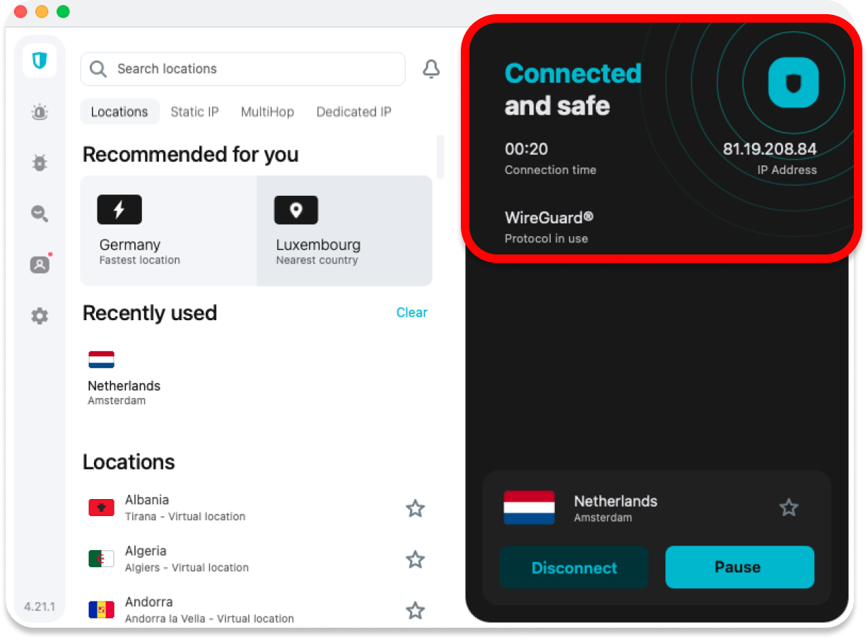 Surfshark que muestra Conectado y seguro a Países Bajos - Ámsterdam con WireGuard