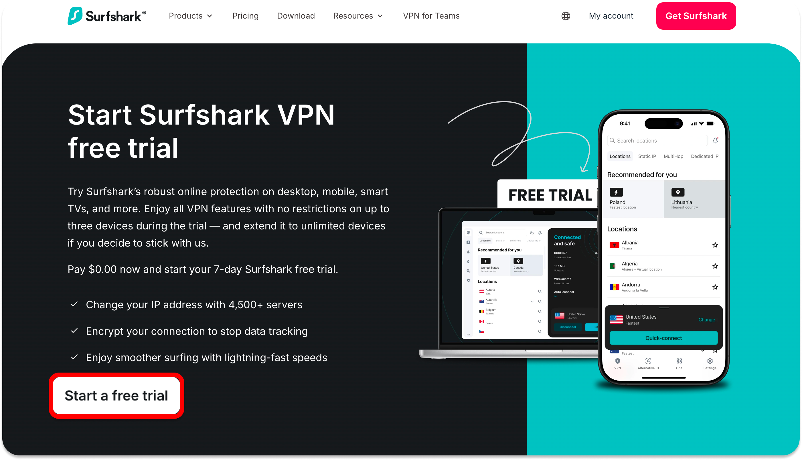 Page d’essai gratuit de Surfshark&nbsp;VPN avec Commencer un essai gratuit mis en évidence