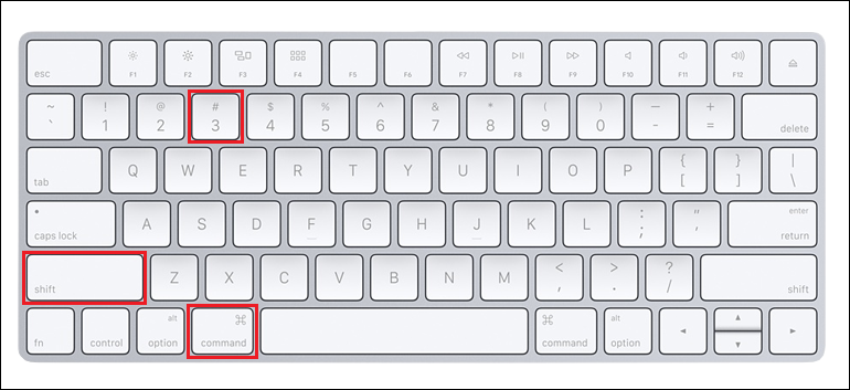 Clavier Mac avec les touches Commande, Maj et 3 mises en évidence