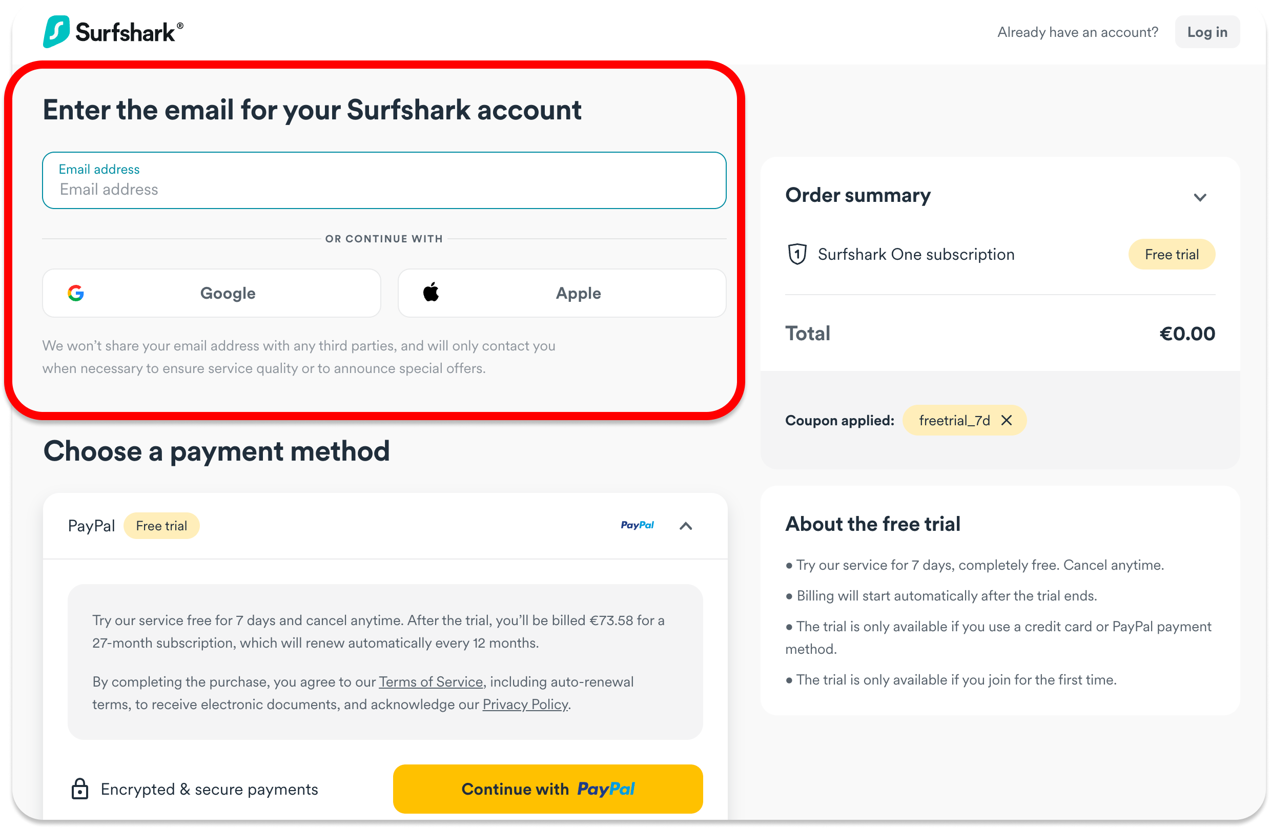 Formularz finalizacji zamówienia z wyróżnionym polem adresu e-mail oraz opcjami logowania przez Google lub Apple