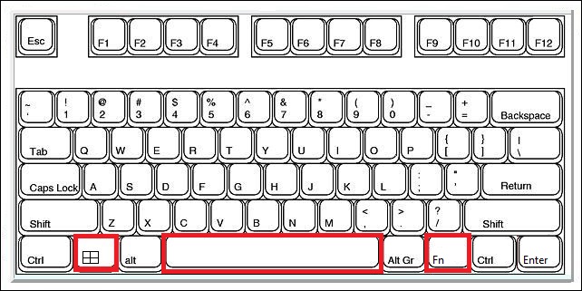 Teclado con las teclas Windows, Espacio y Fn resaltadas