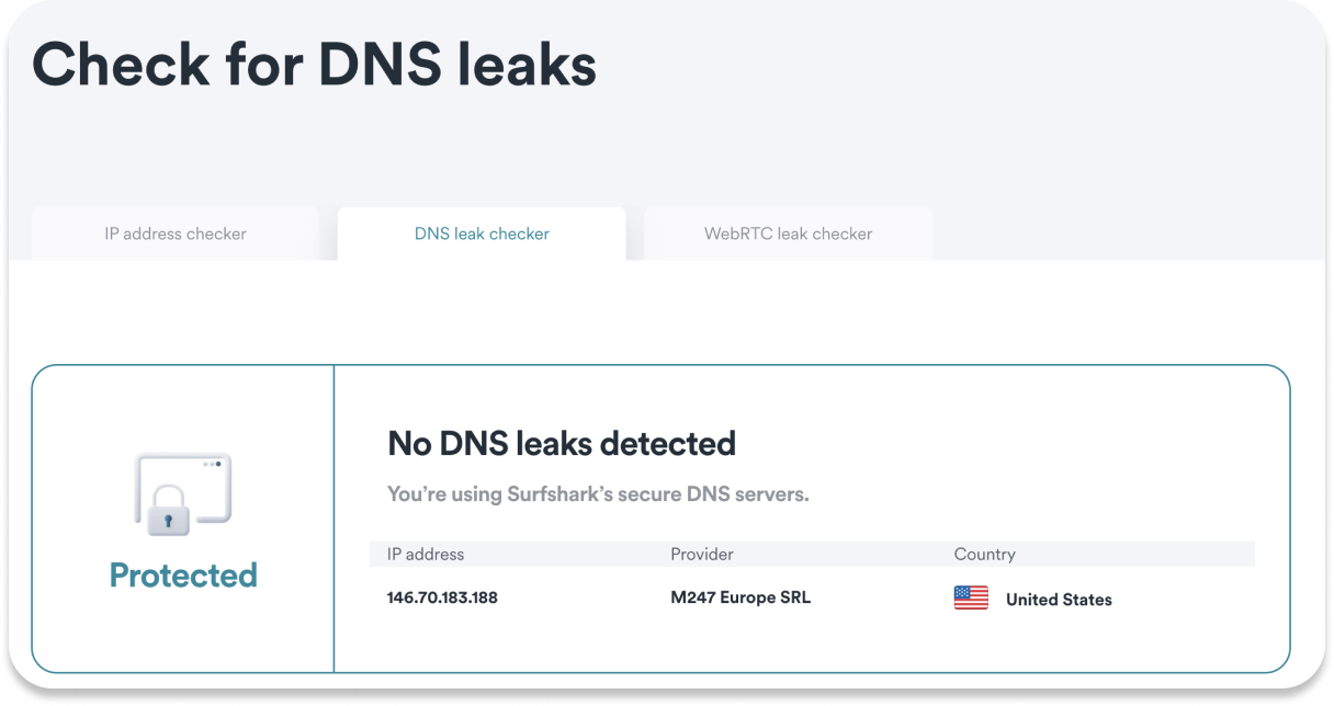Vérificateur de fuite DNS indiquant Protégé et aucune fuite DNS détectée