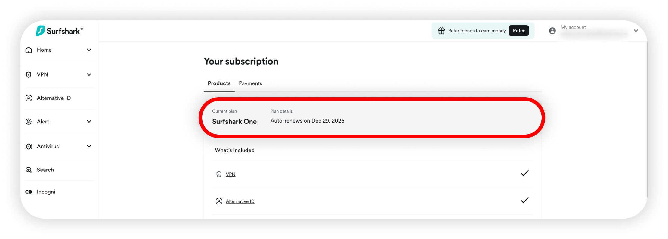 Votre forfait indiquant la date de renouvellement automatique de Surfshark One
