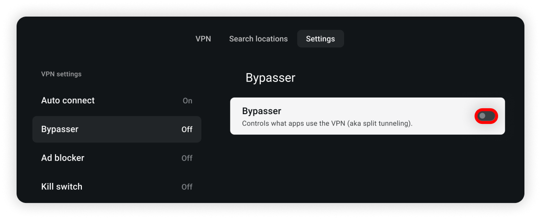 alt="Bypasser feature showed in the VPN settings"