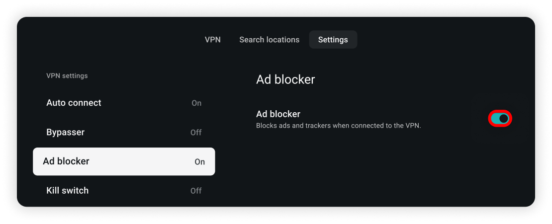 alt="Ad blocker toggle enabled in the VPN settings"