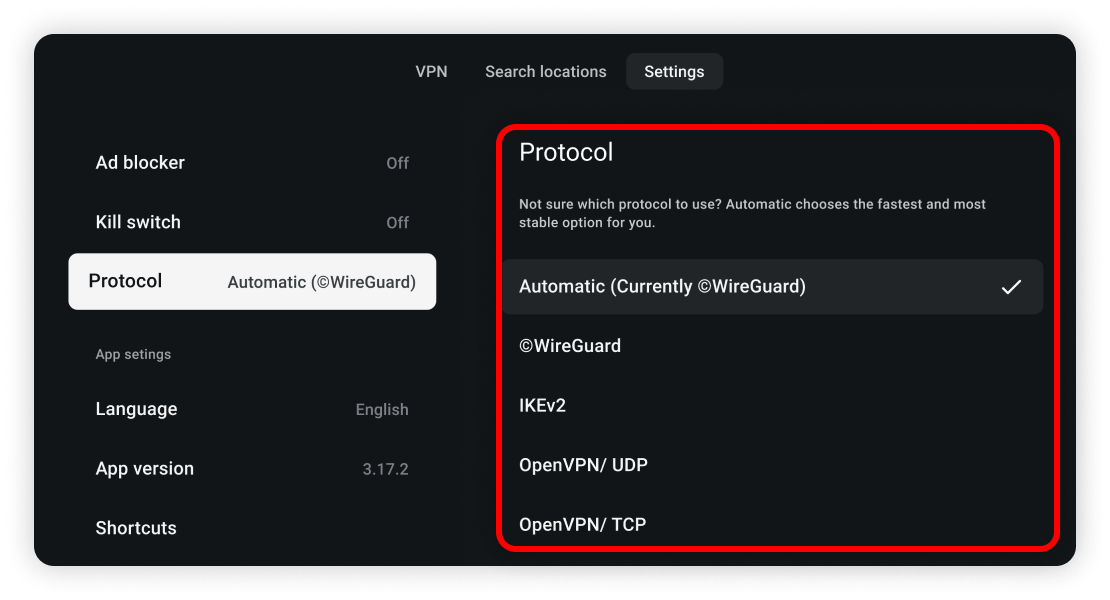 alt="protocol options shown in the VPN settings"