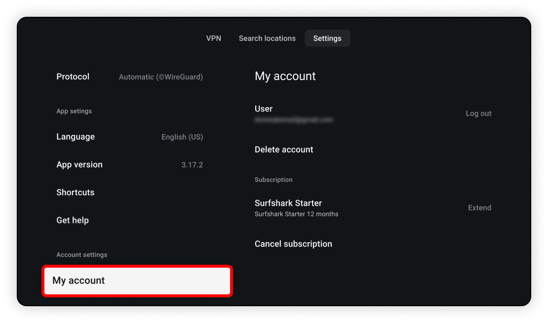 alt="My account section open in the account settings"
