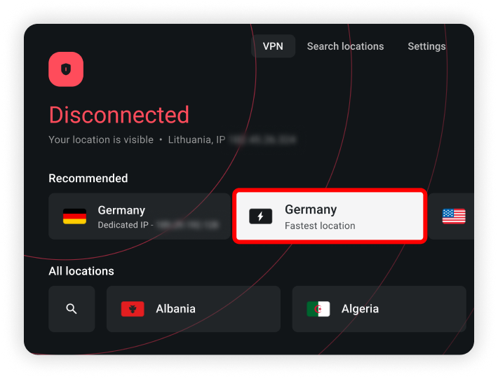 alt="Surfshark home screen showing the recommended VPN locations"