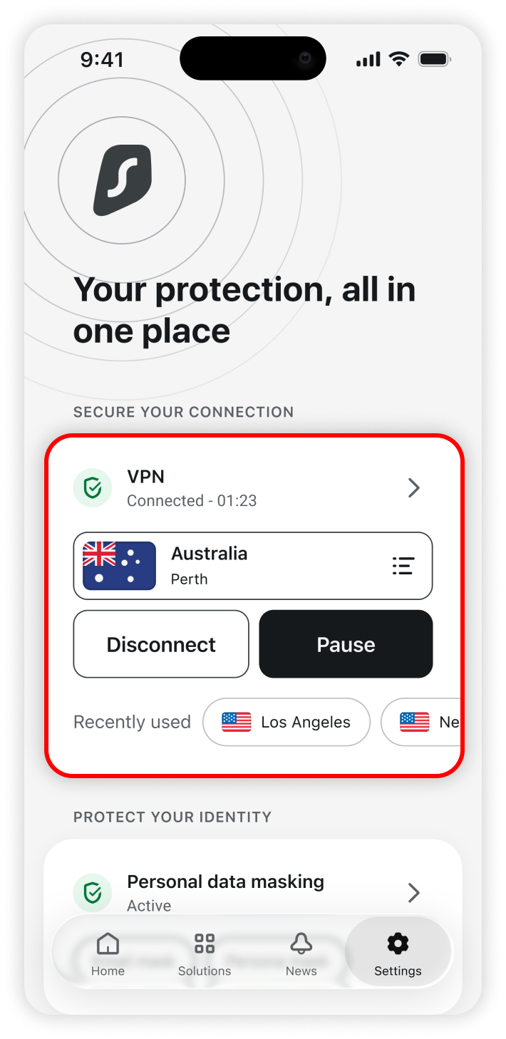 Surfshark home page with VPN tile highlighted 