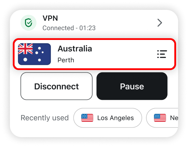 VPN tile highlighted 