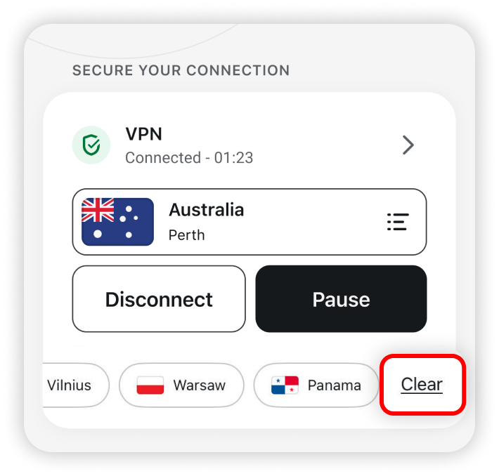 Clear locations button highlighted in the VPN tile 
