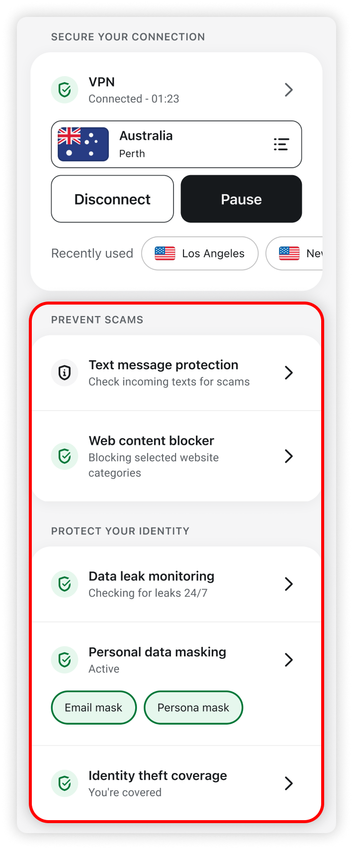 VPN solutions highlighted in the home tab