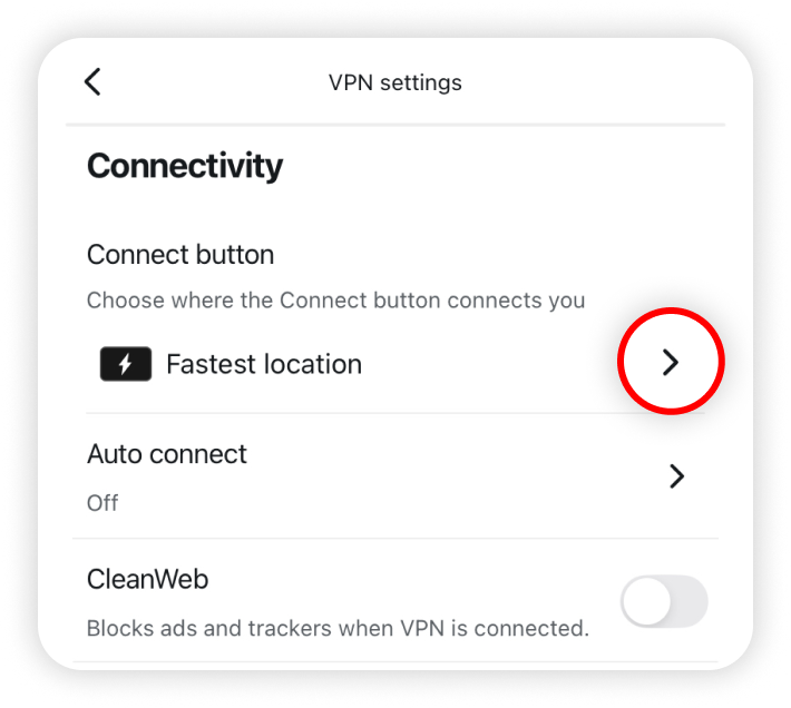 Arrow highlighted next to fastest location under a connect button
