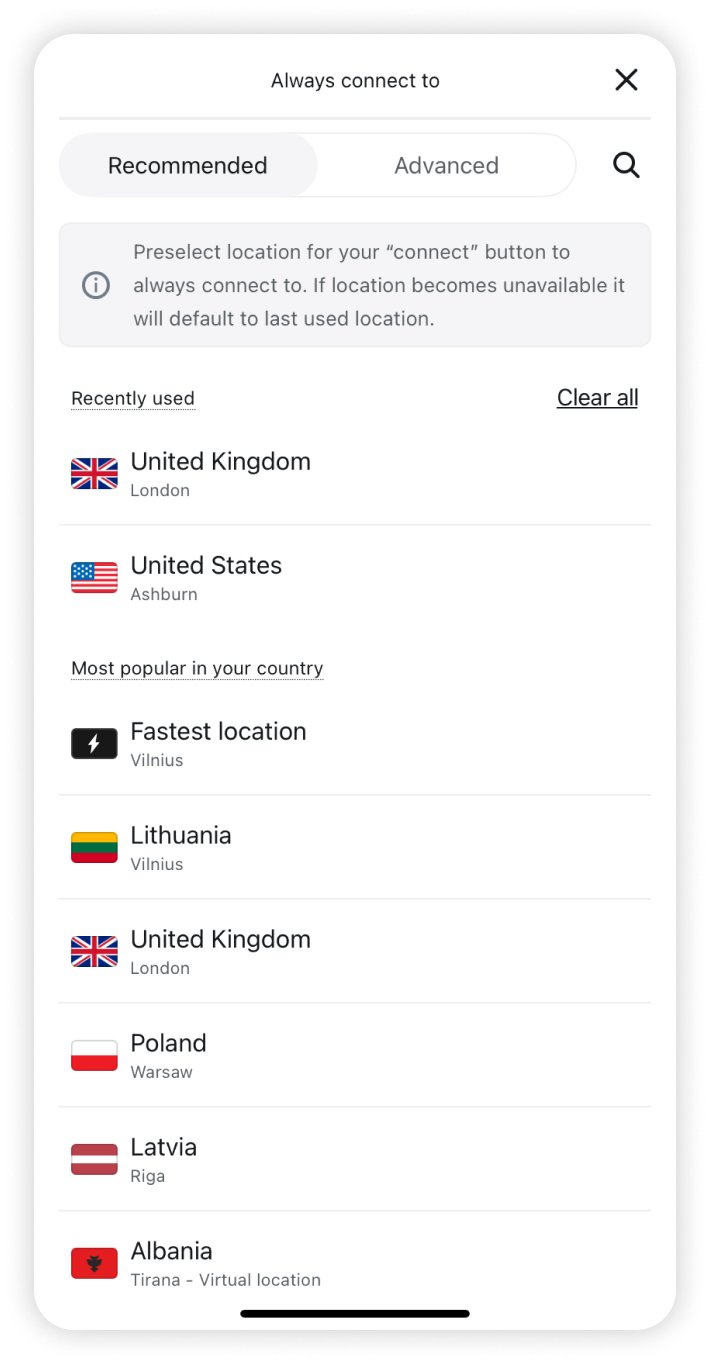 Location list to choose from for the connect button