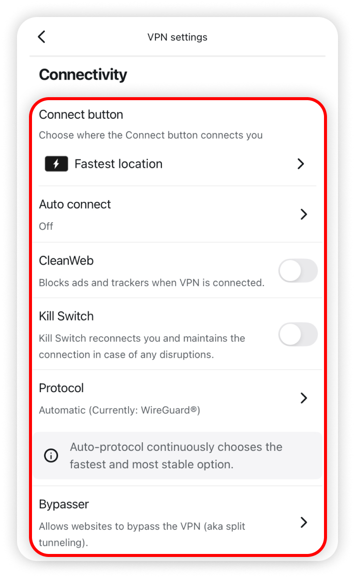 Connectivity section highlighted in VPN settings