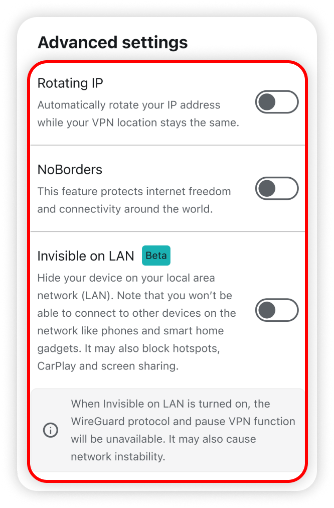 Advanced section highlighted in VPN settings