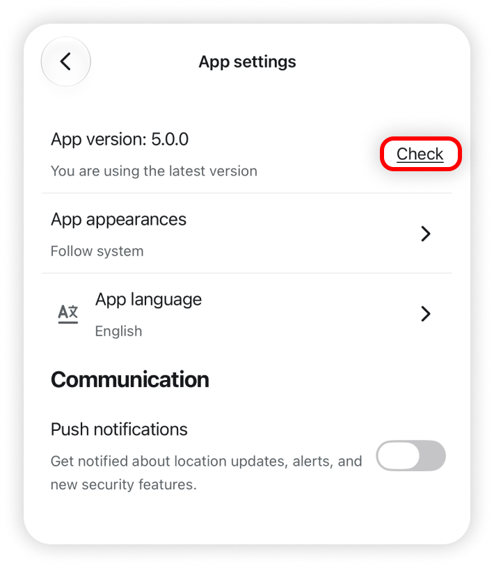 Check button highlighted in the app settings