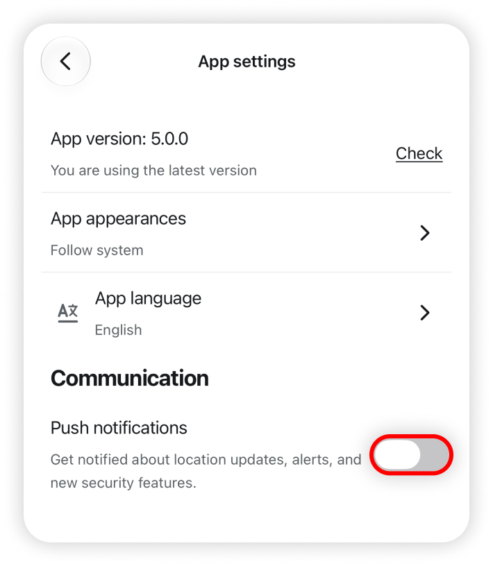Push notifications toggle highlighted in the app settings 