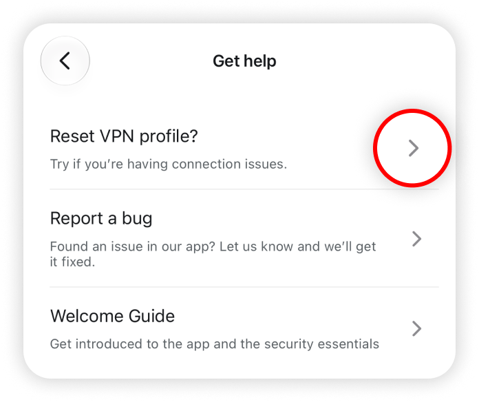 Arrow highlighted next to reset VPN profile 