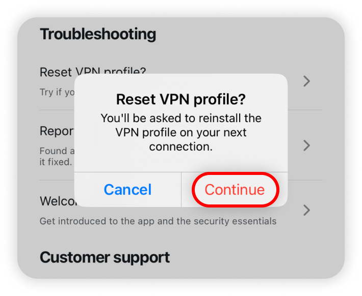 Continue button highlighted in the reset VPN profile prompt