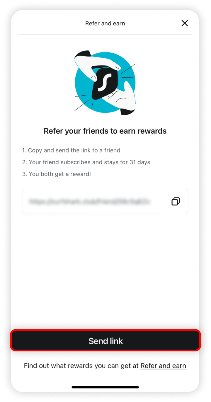 Send link button highlighted in refer and earn section