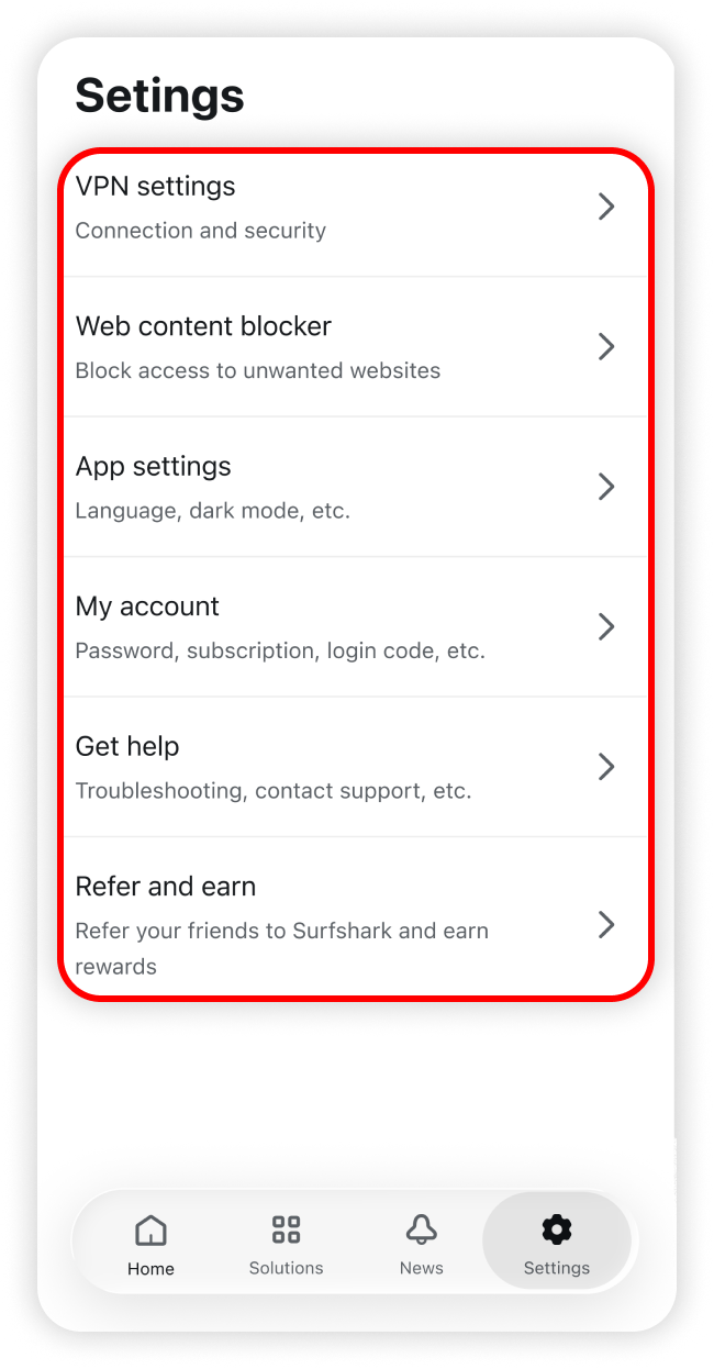 Settings tab opened with all settings options highlighted 