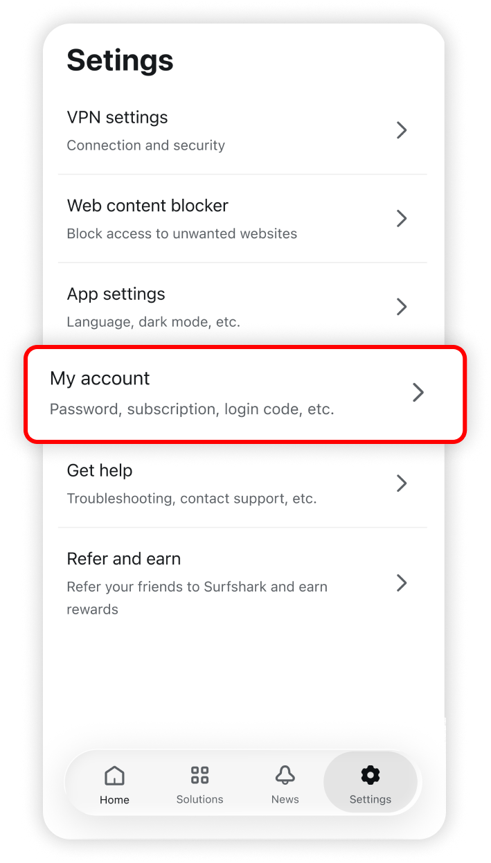 My account section highlighted in settings 