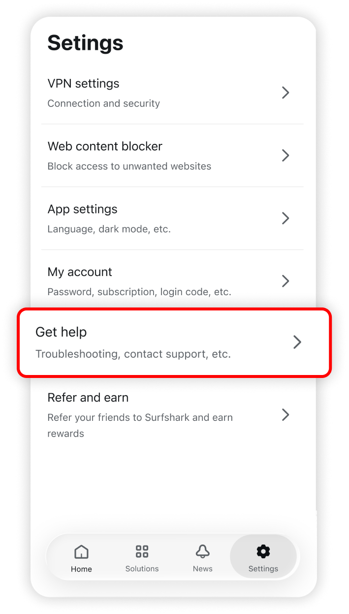 Get help section highlighted in settings 