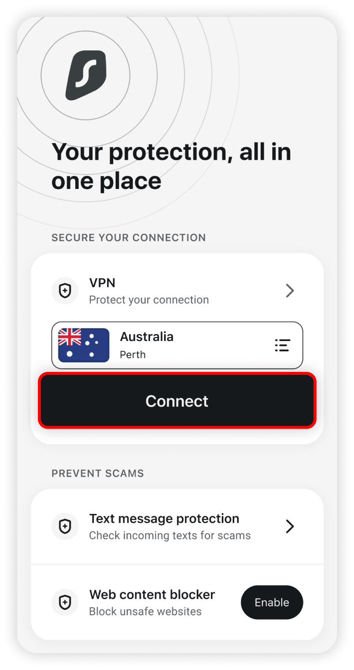 Connect button highlighted on the Surfshark home screen