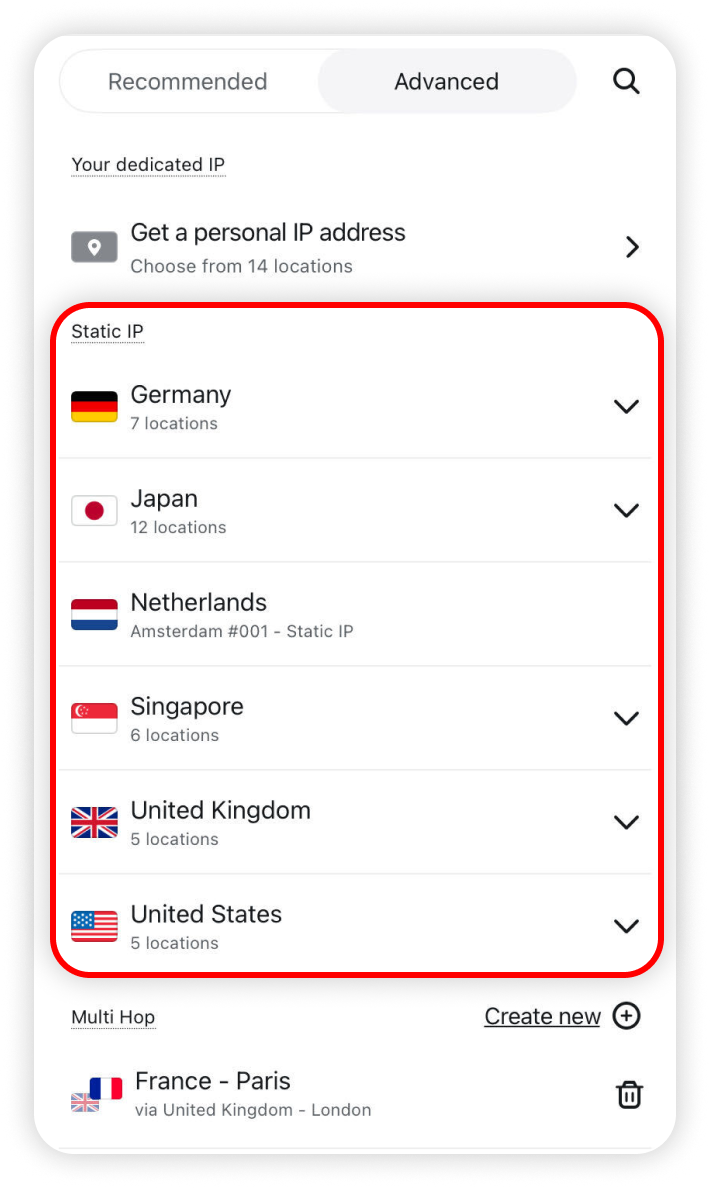 Static IP locations listed in the advanced locations tab