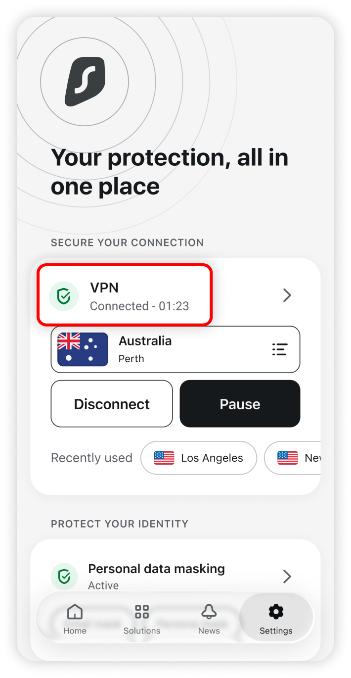 VPN connection time highlighted on the home screen 