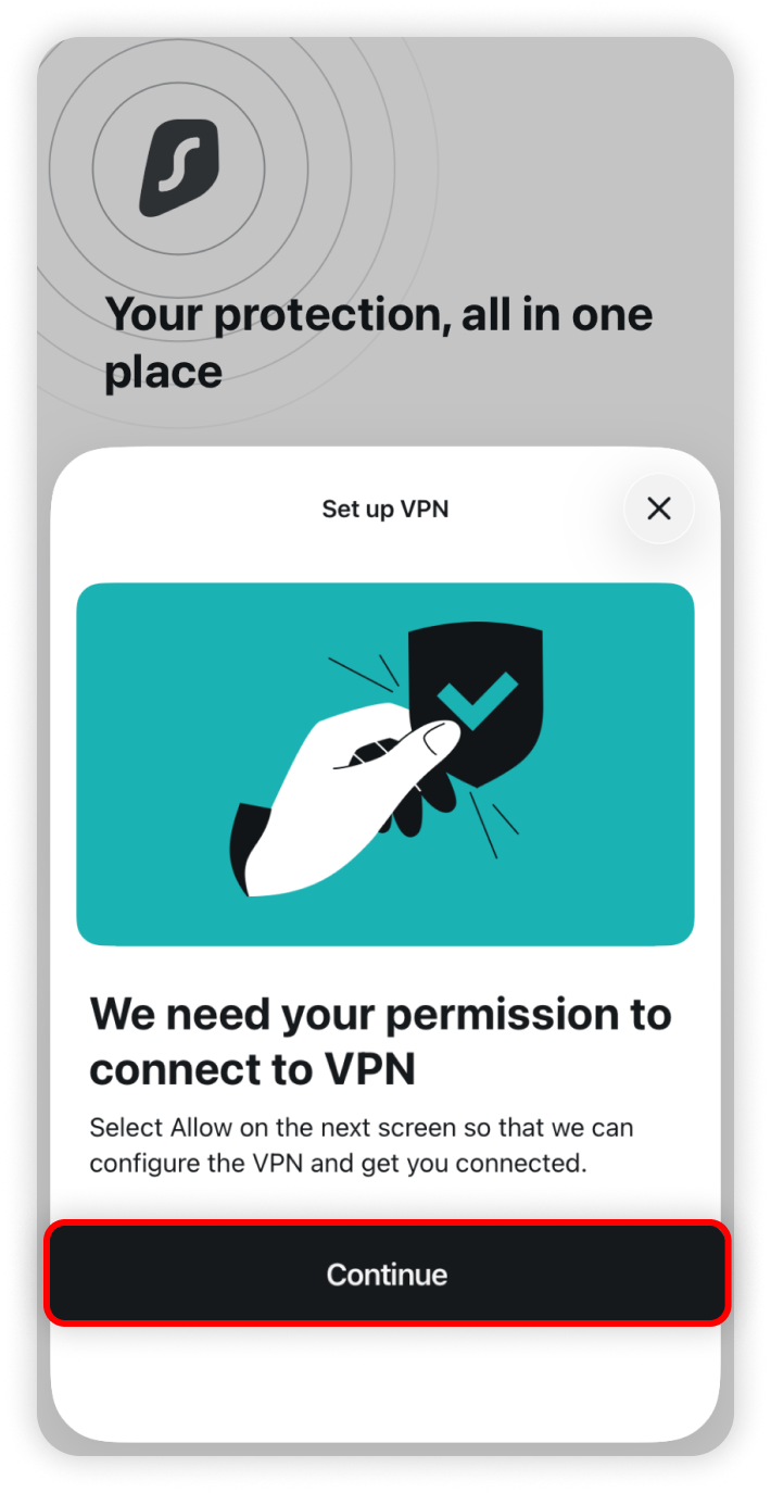 Continue button highlighted in the permissions prompt