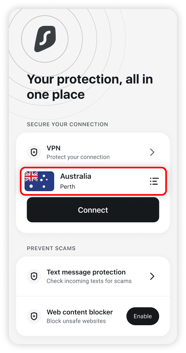 Location tile button highlighted on the home screen
