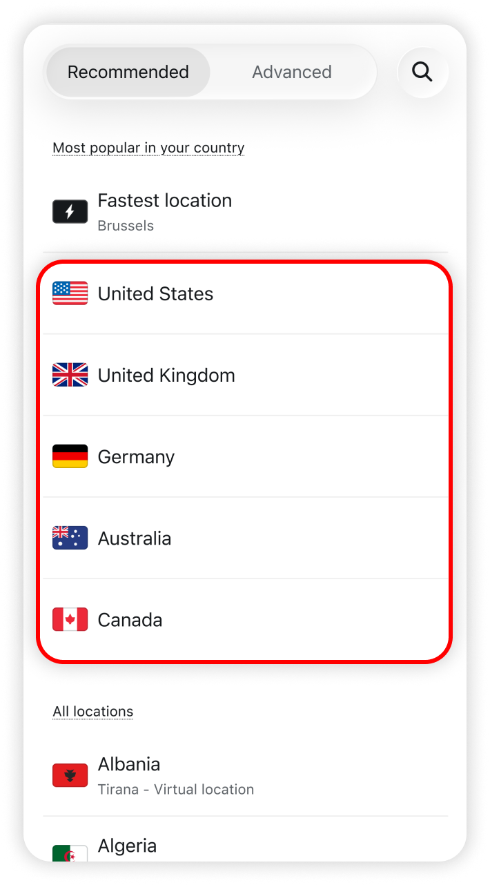 VPN countries listed in the locations list