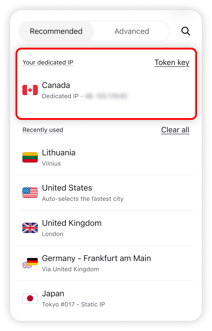 Dedicated IP highlighted in the VPN locations tab
