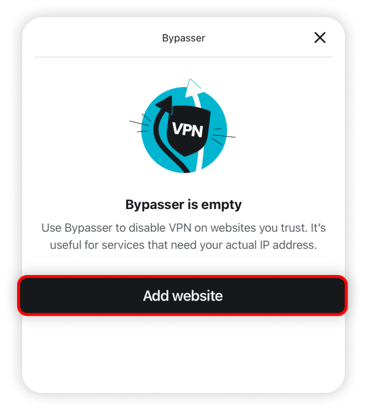 Add website button highlighted in the Bypasser prompt