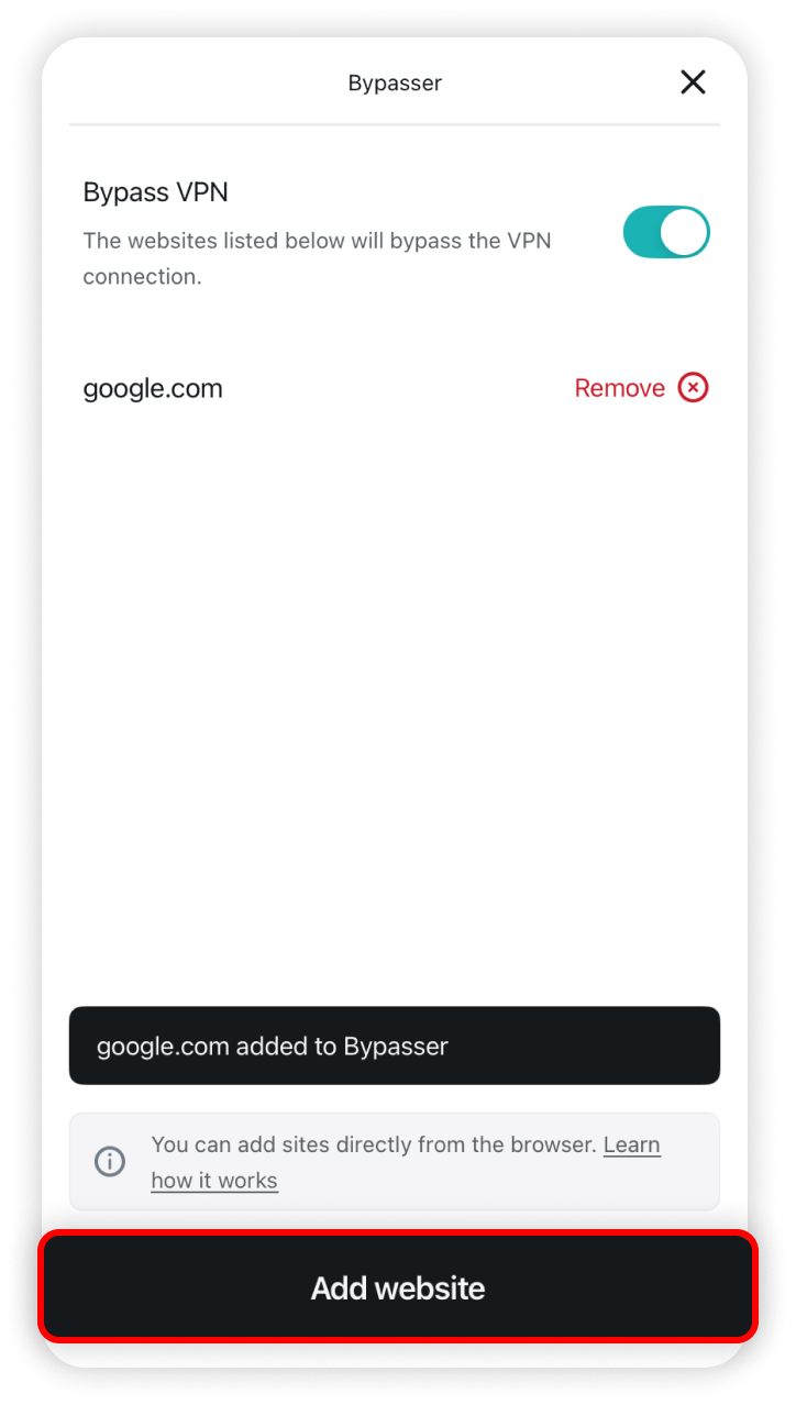 Add website button highlighted in the Bypasser configuration