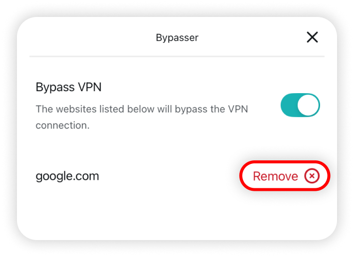 Remove button highlighted next to the added website 