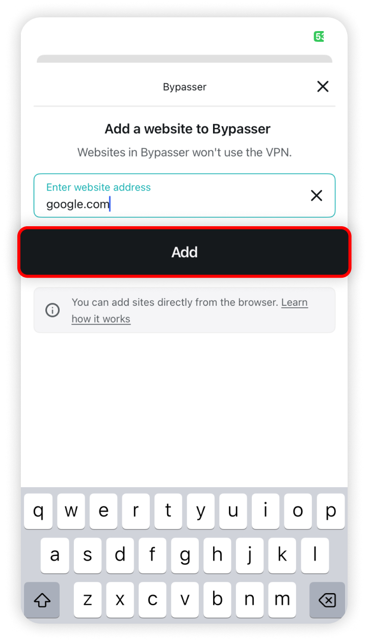website address typed in with the Add button highlighted