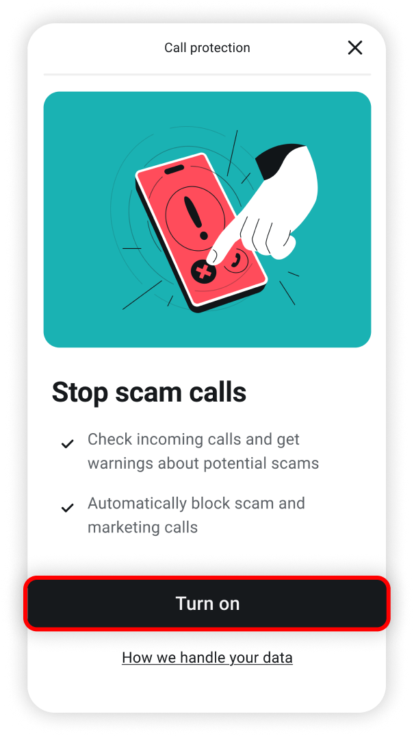 Call protection solution set up opened with the turn on button highlighted